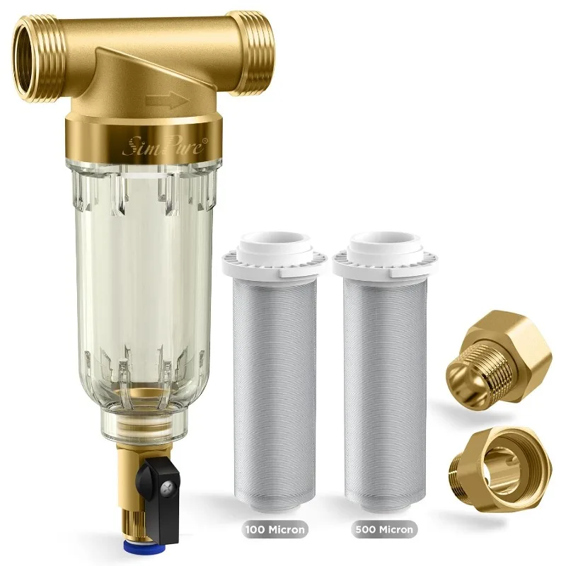 100/500 Micron Spin Down Sediment Filter, Reusable Whole House Sediment Water Filter, Pre-Filtration System for City/Wel