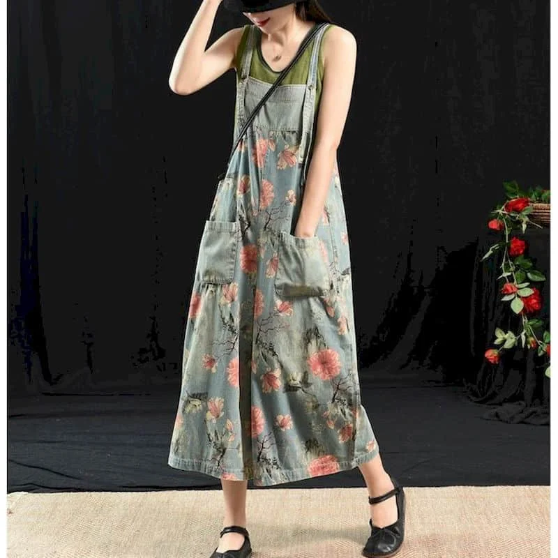 

Literary Denim Jumpsuits Women Floral Wide Leg Pants High Street Loose Casual Romper Vintage One Piece Outfit Women Clothing