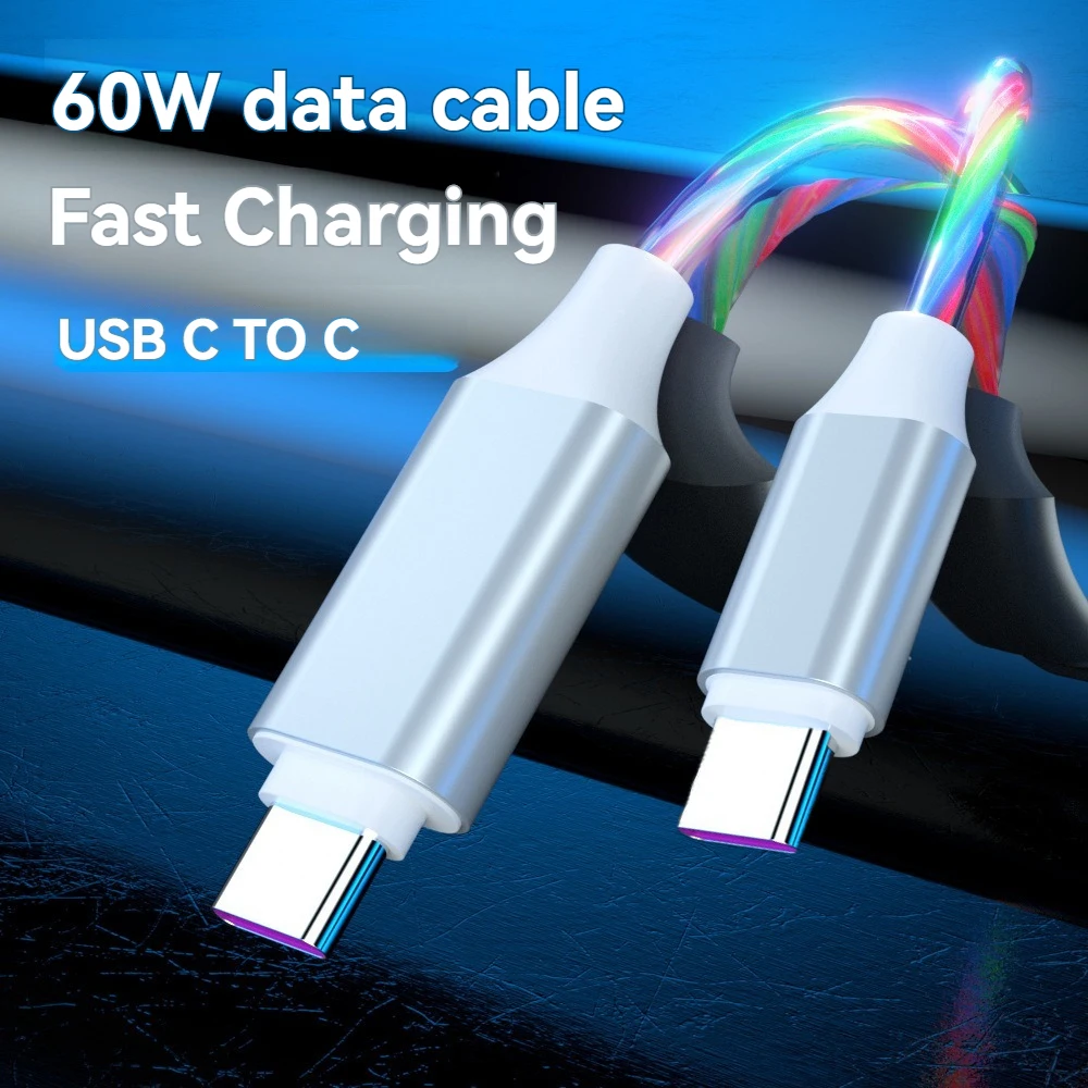1M Type C to USB C Cable with Flow Light 60W Fast Charging USB Charger Wire Cord for Samsung Xiaomi - High-Speed Data USBC Cable