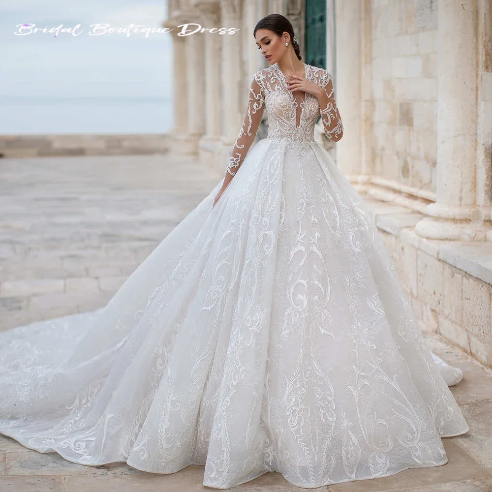 Customized Luxury A Line Wedding Party Dress Embroidered Lace On Net With Ball Gown Train V-Neck Full Sleeve ​Bridal