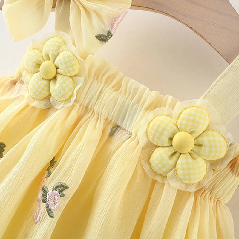 Summer Baby Girl Clothes 2024 Korean Cute Embroidery Flowers Mesh Sleeveless Bow Princess Party Kids Dress Toddler Dresses BC743