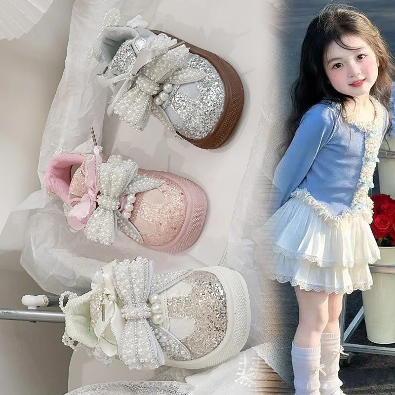 

Girls Princess Shoes Sweet Bows Kids Casual Shoes Soft Bottom Non-slip 2026 Brand New Children Sports Fashion Shoes Korean Style