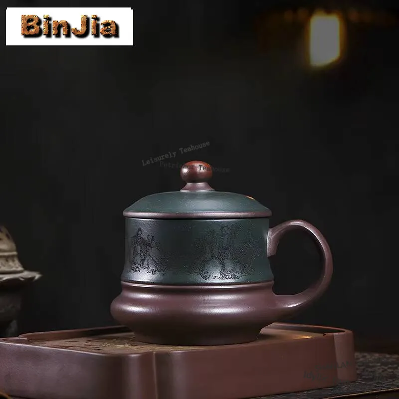 Taza con tapa de arcilla púrpura Yixing auténtica de 480ml, taza maestra de barro de arena dorada con mineral crudo, taza de trabajo de oficina con patrón de ocho inmortales personalizada