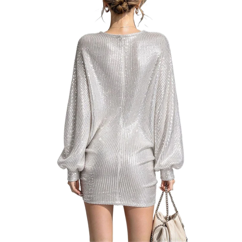 Damen Pailletten-Minikleid mit langen Ärmeln, glitzerndes Diamant-Bodycon-Kurzkleid für Partys, sexy, süß, für Nacht, Festival, Clubwear, glänzendes Kleid – Detail 3