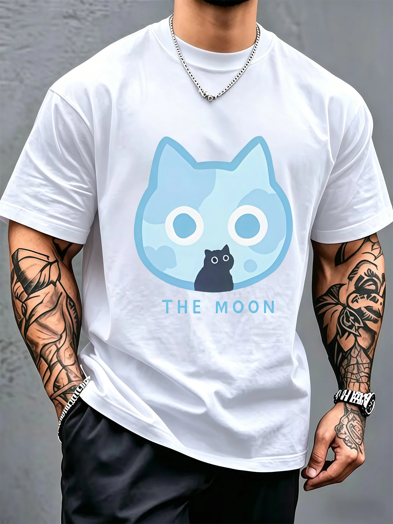 Men Black Crew Neck Tee Light Blue Cat Shaped Moon With Tiny Black Cat Silhouette The Moon Mystic Cute Pet Soft Cotton Male Tops