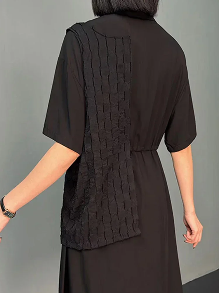 XITAO Asymmetrische Patchwork Jurk Mode Valse Twee Stukken Trekkoord Turn-down Kraag Shirt Jurk 2025 Zomer Nieuwe WLD20146