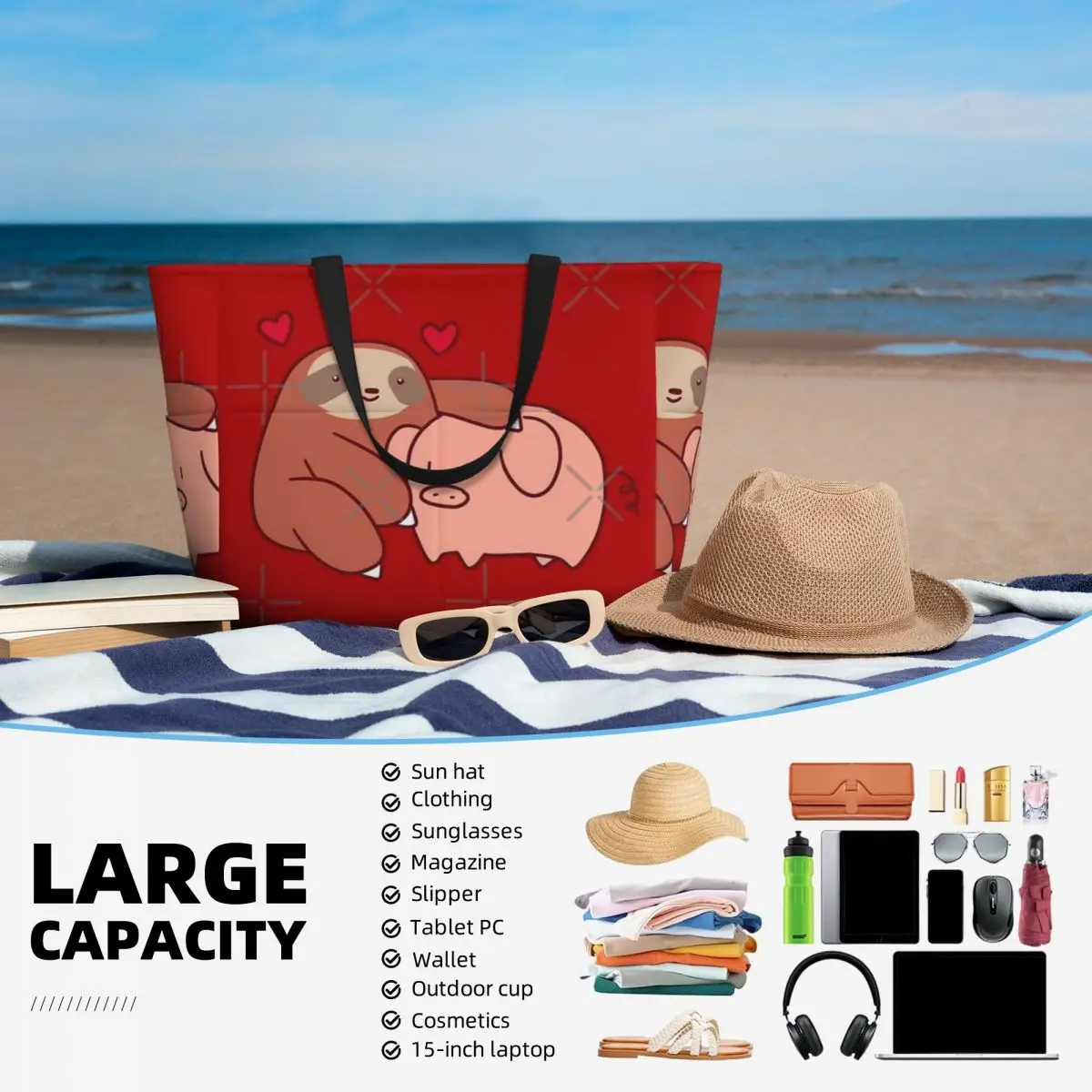 Borsa da viaggio da spiaggia Sloth Loves Pig, borsa tote per le vacanze, grande capacità, regalo di compleanno, modello multi-stile