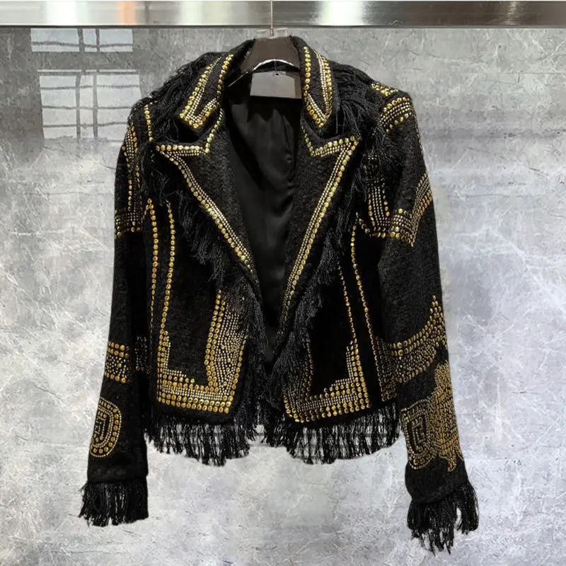 

2023 Autumn New Rough Tweed Metal Rivet Tassel Rough Edge Heavy Work High Quality Black Gold Shiny Beaded Women's Jacket