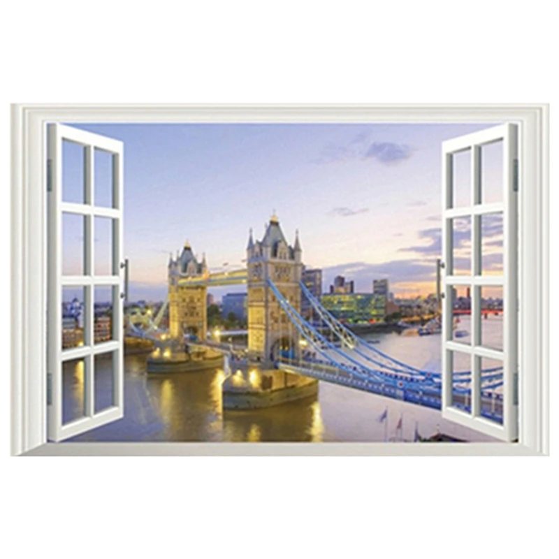 London Tower Bridge Night View Mural Fake 3D Room Window Vinyl Wall Stickers Home Decorations Riverside City Poster Wallpaper