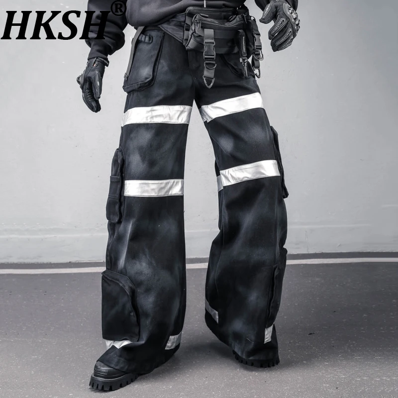 HKSH Spring Autumn New Men Niche Functional Reflective Strips Heavy Dirty-Dye Jeans Pockets Fashion Wide Leg Cargo Pants HK18382
