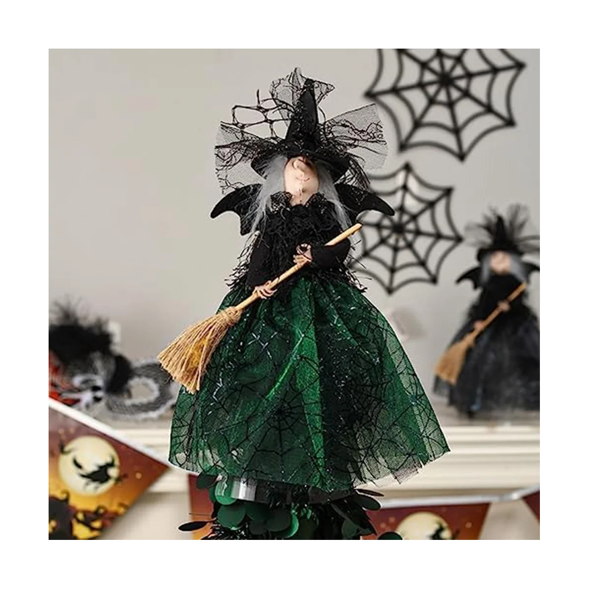 Decoración de bruja de Halloween, muñeca de bruja, velo de Halloween, sombrero y escoba de bruja, negro, 11 pulgadas