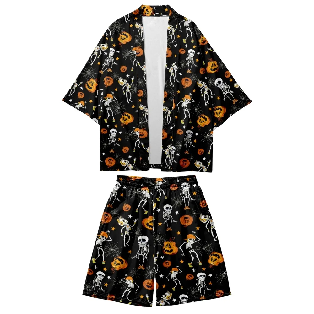 Dancing Skeleton Printing Creative 3D Digital Printing Daily Men's and Women's Short Sleeve Kimono Shorts Set