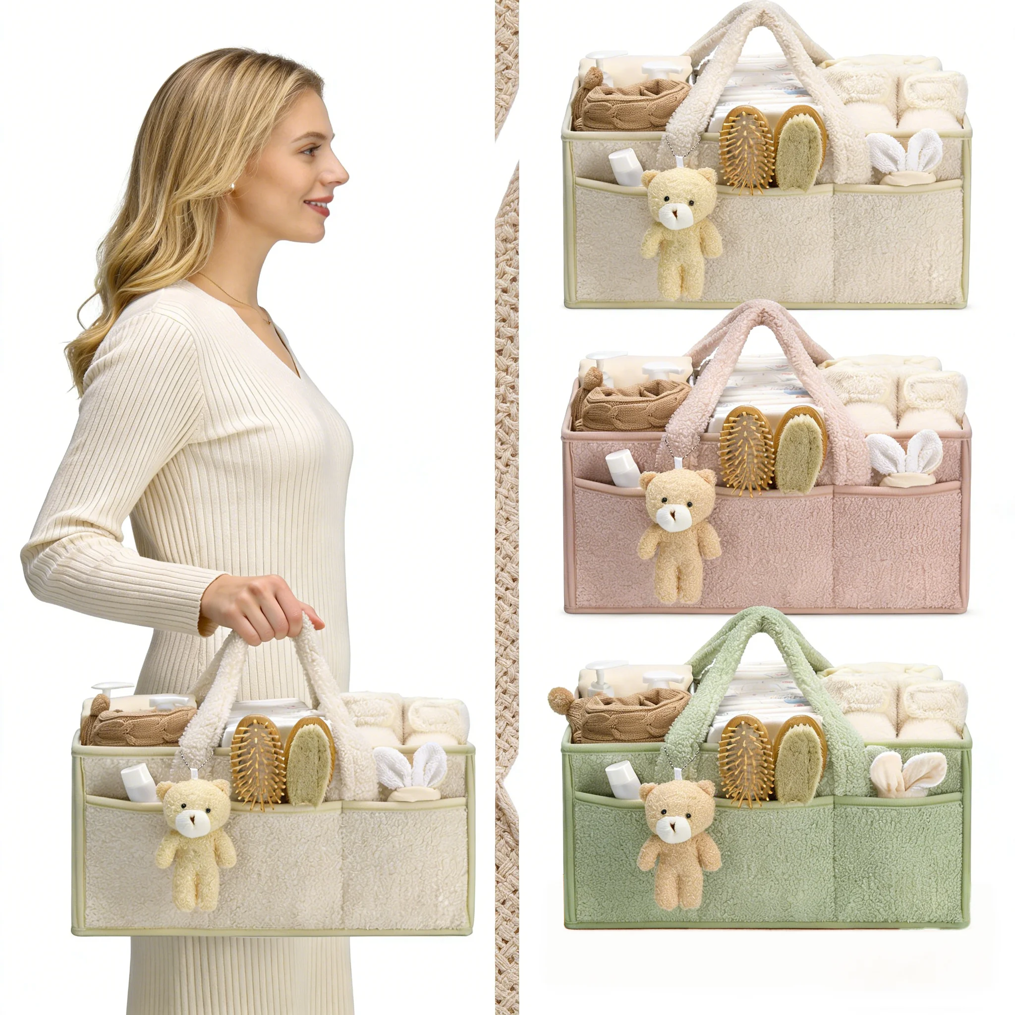 ベビーおむつキャディーオーガナイザー（ハンドル付き）、男の子＆女の子の出産祝いギフトバスケット、携帯用おむつ収納バスケット（おしりふき用）