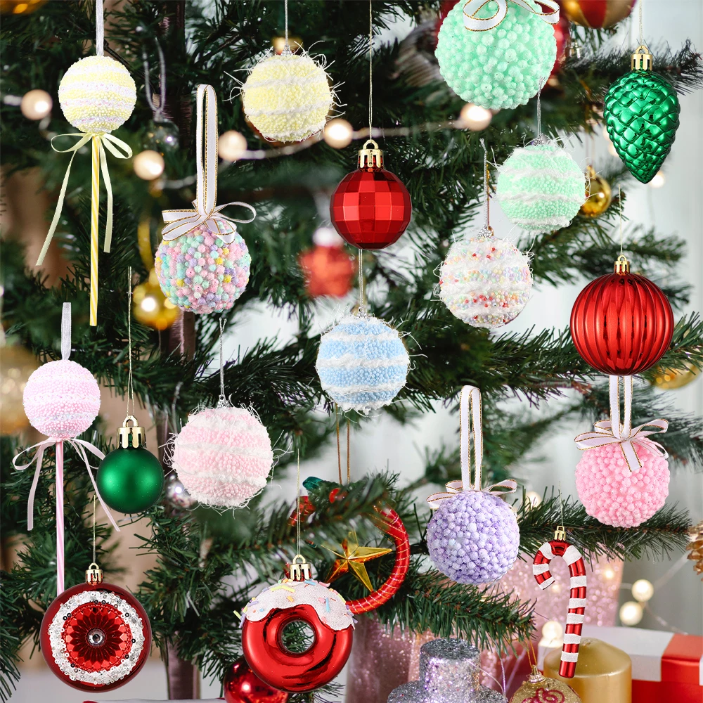 

1Set Christmas Decor Macaron Red White Green Christmas Ball Pine Cone Candy Xtmas Tree Pendant New Year Home Decor Navidad