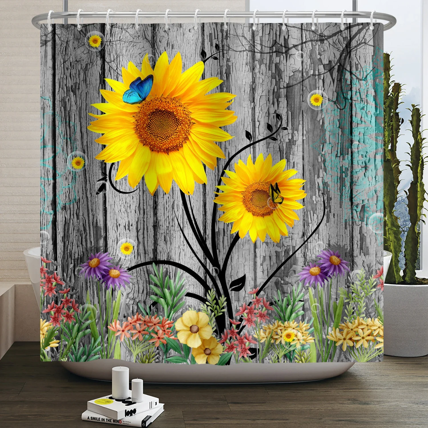 Rustic Sunflower Daisy Shower Curtain Butterfly Floral Vintage Country Farmhouse Flower Wooden Board Waterproof Bathroom Curtain