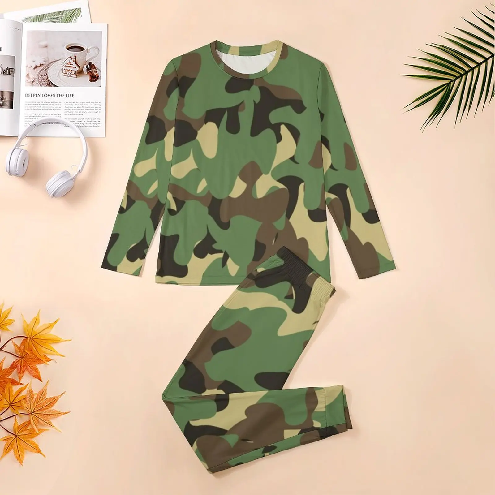 Green Camouflage Pajamas Autumn Army Como Print Casual Nightwear Men Two Piece Custom Long Sleeve Cute Oversize Pajamas Set