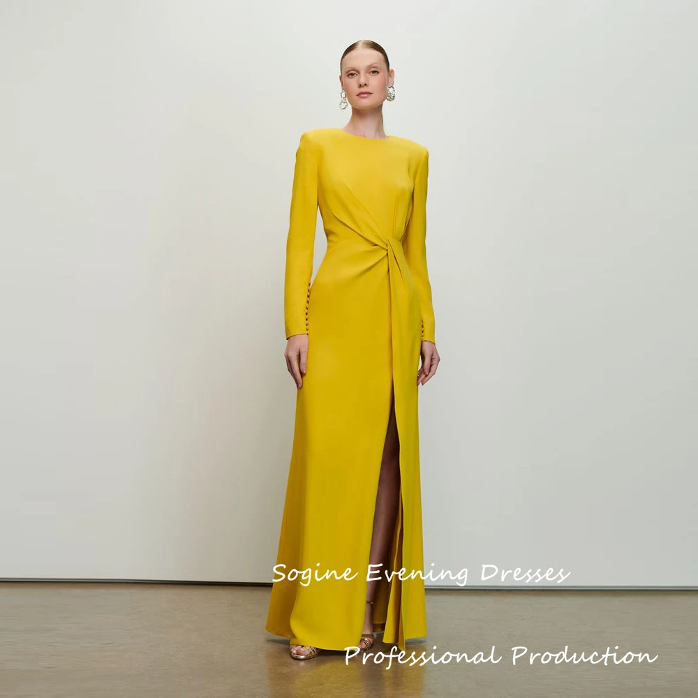 

Fashionable Customized Crepe Prom Dresses With Slit Ruched Long Evening Dress Full Sleeve فساتين سهرة Formal Gowns