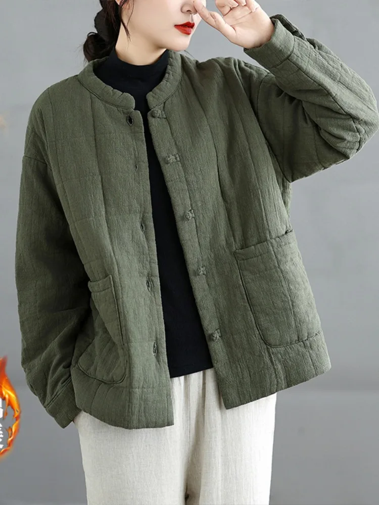 New Chinese Zen Style Cotton Linen Jacket Women's Winter Retro Flax Stand Collar Buttoned Patchwork Tea Clothing Cotton Coat