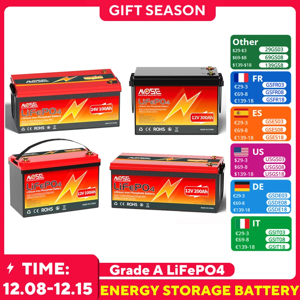 12V 100Ah 200Ah 300Ah 24V 60Ah LiFePO4 Battery Lithium Batteries with BMS 6000+ Cycles Rechargeable Grade A Cells for RV Solar