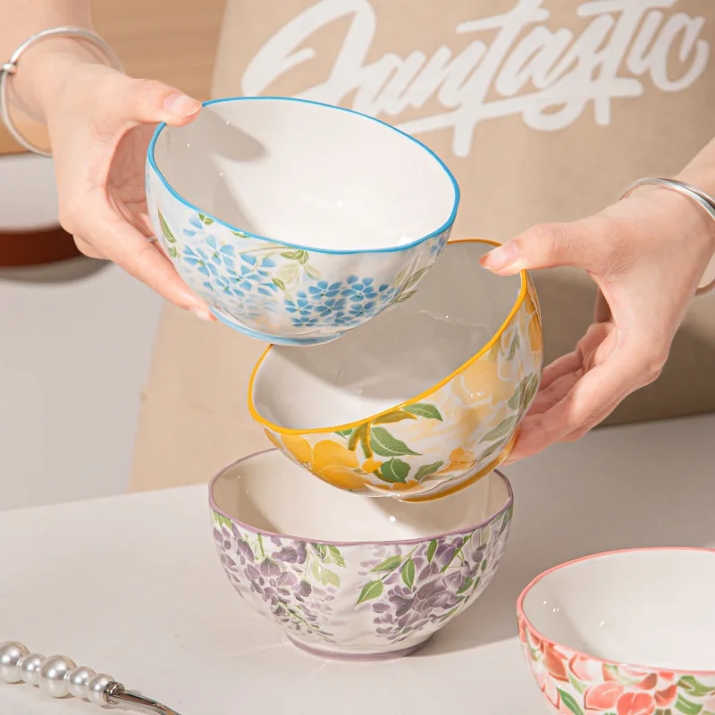 

Ceramic Rice Bowl Home Kitchen Noodle Ramen Dinnerware Bowls Flower Printing Fruit Beautiful Tableware
