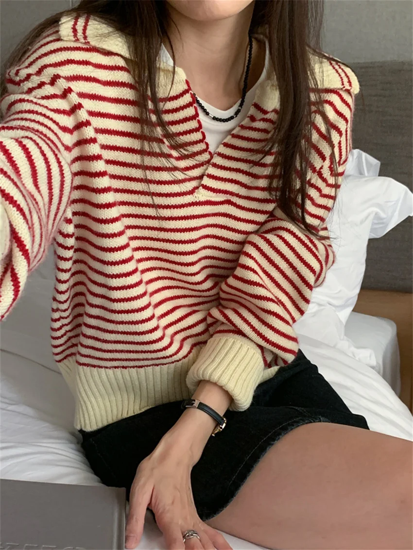 Alien Kitty Casual Sweaters New Stripes Loose Women Daily 2024 Autumn All Match Fashion Knitted Warm New Gentle Pullovers