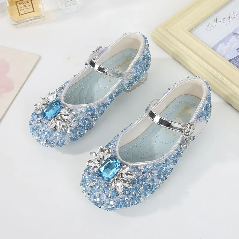 Fashion Children's Shoes with Heels Luxury Rhinestone Elegant Glitter Princess Shoes for Girls Wedding Sequins Kid Leather Shoes