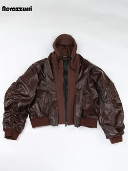 Nerazzurri sonbahar kış serin yakışıklı boy kahverengi kalınlaşmış sıcak deri ceket erkekler kaput ile sahte 2 parça avrupa giysi