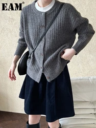 [EAM] Dark Gray Big Size Elegant Knitting Cardigan Sweater O-Neck Long Sleeve Women New Fashion Tide Spring Autumn 2024 1DH7725