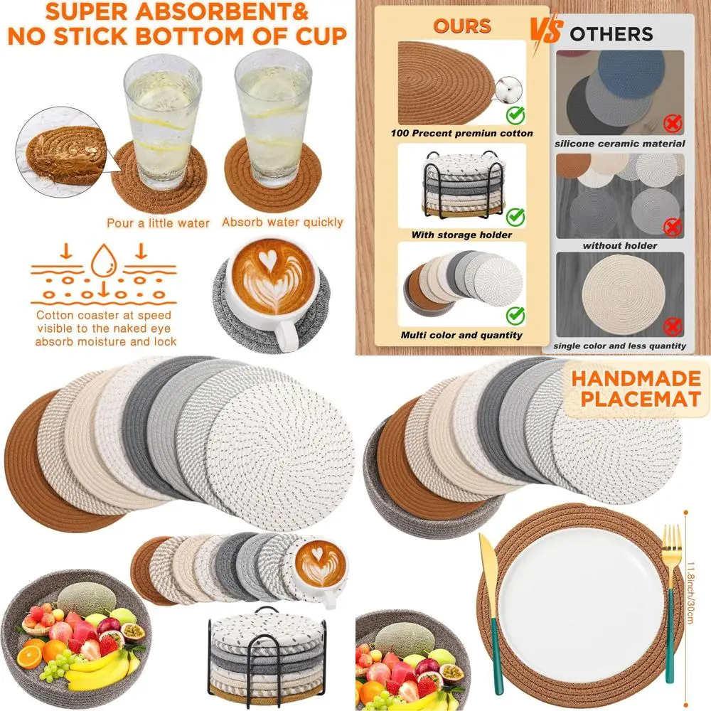 

Набор из 4 круглых тканых салфеток в стиле бохо, подтяжек, термостойких подушечек, ковриков из хлопковой веревки 11,8, подставок для напитков 4,3 с держателем