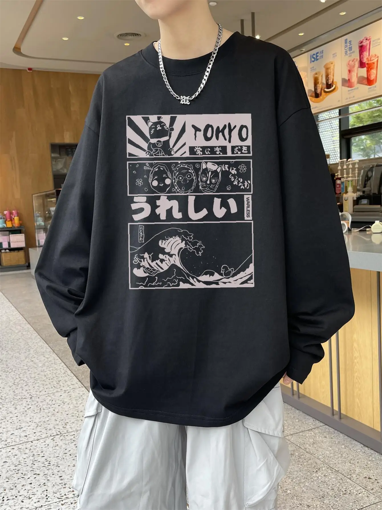 Tokyo Style Men Anime Print T-shirts Long Sleeve O-neck Unisex Y2k Clothing Hip Hop Oversize Autumn Male Streetwear Top Tees