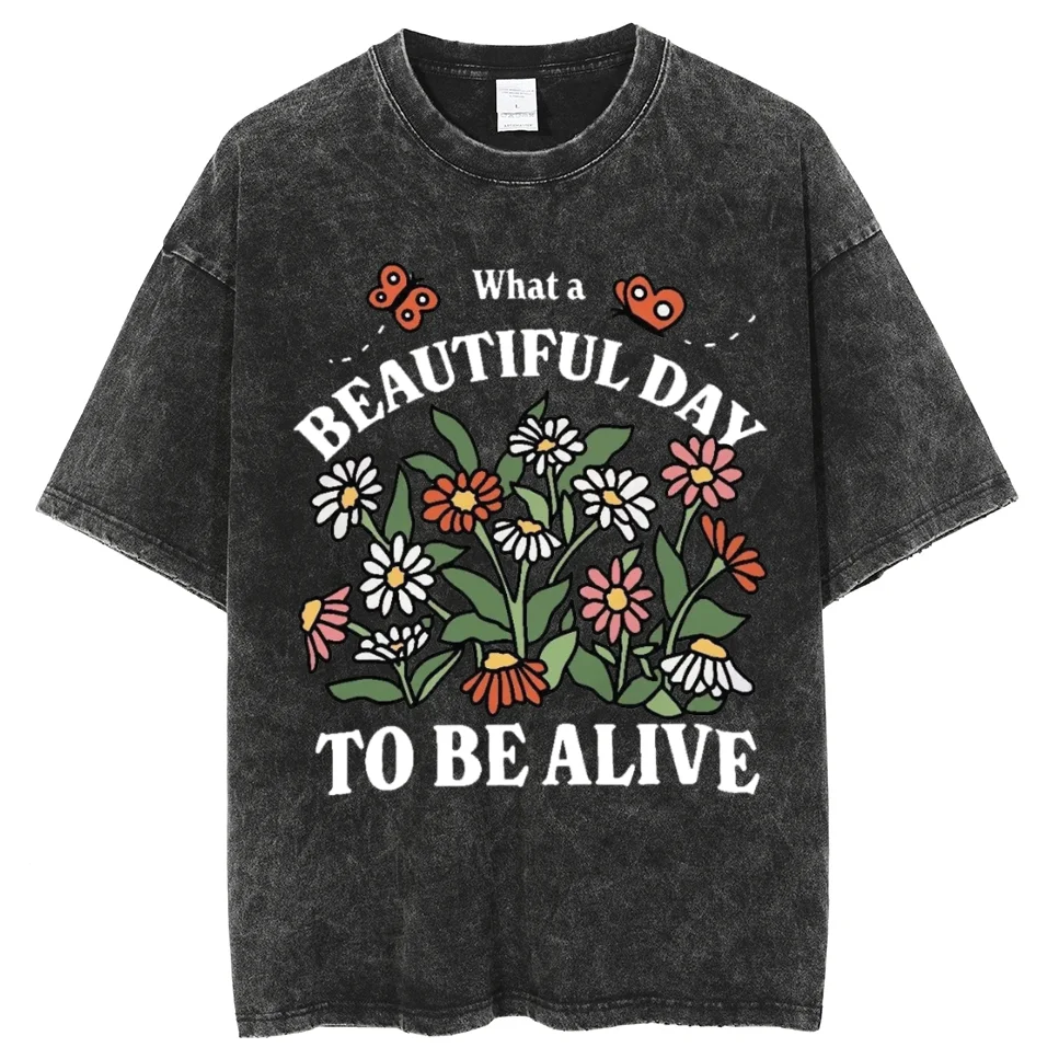 Multiple Colors Cotton Luxury Brand T-shirts Y2k Plant Pattern Printed T Shirt Harajuku Washed Short Sleeved Tops Streetwear