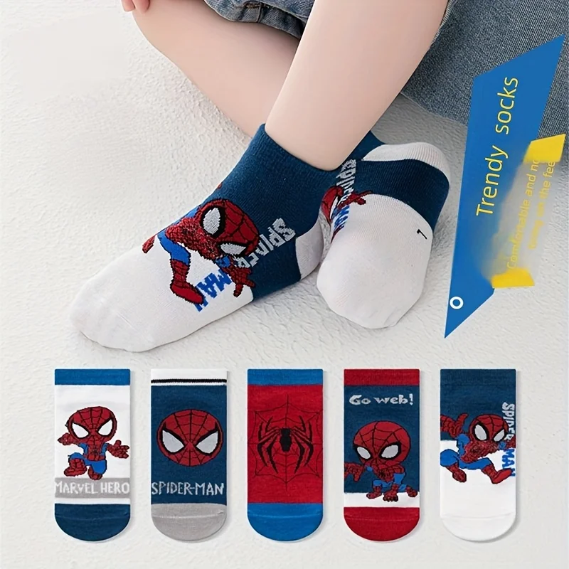 5 Pares de Calcetines de Algodón con Dibujos Animados de Spider-Man para Niños, Calcetines Cortos Transpirables de Superhéroes para Niños, Calcetines Deportivos Casuales de Moda para Niños