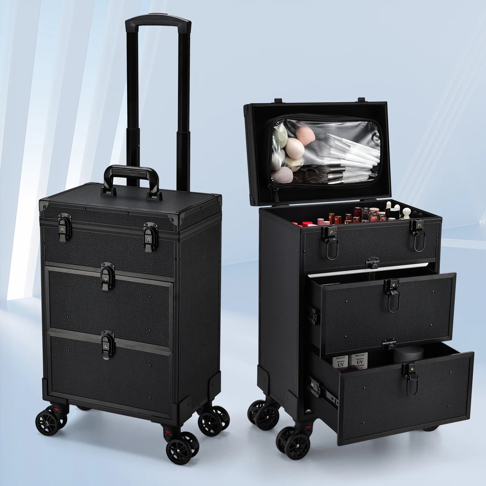 

Professional 3 in 1 Rolling Makeup Case on Wheels 2 Large Drawer Nail Trolley Traveling Cosmetic Train Case with Makeup Pouch