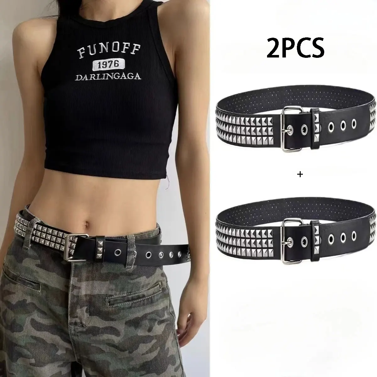 2 Pack Unisex Punk Rock Pyramid-Studded Rivet Belt - Sleek Black with Grommets and Bright Metal Detailing - Fashion Accessories