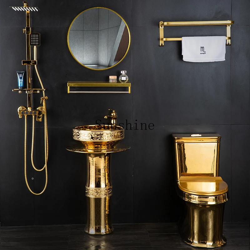 

Gold ceramic column type washbasin gold-plated floor type integrated simple and fashionable