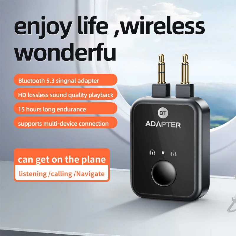 Émetteur Bluetooth 5.3 double 3,5 mm Aux, adaptateur audio stéréo sans fil, connexion pour 2 casques/haut-parleurs, faible latence, idéal pour avion