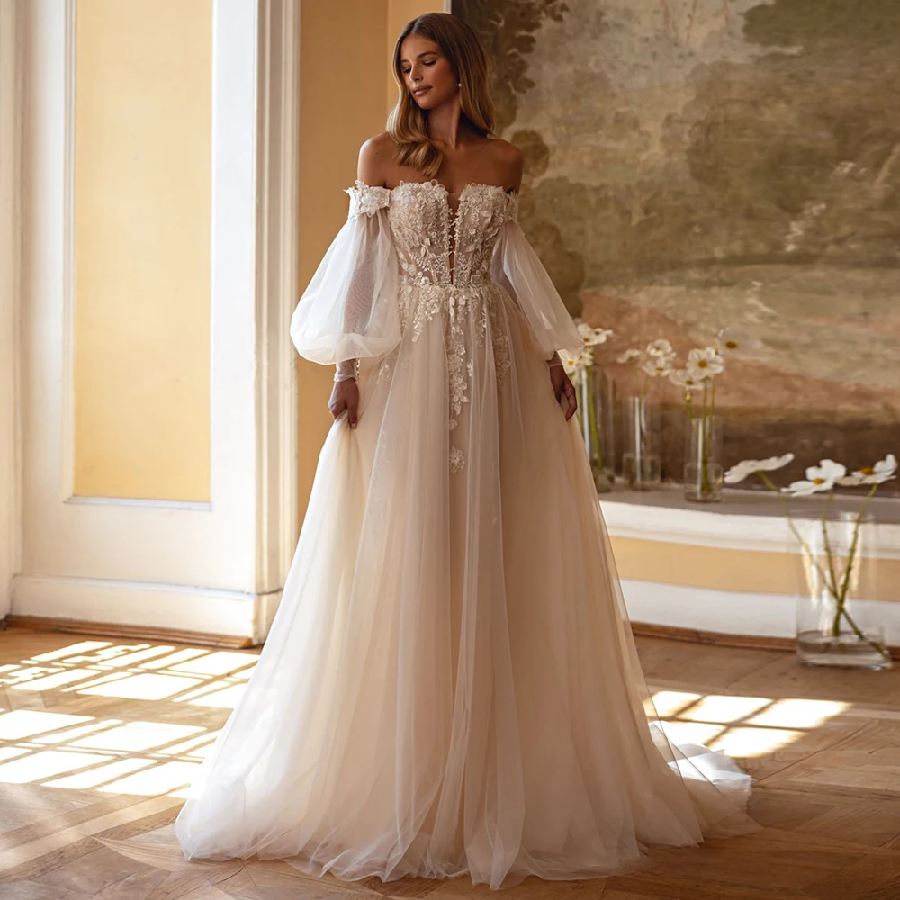 Princess Wedding Dress Customized Detachable Off Shoulder See Through Applique Sequined A Line Soft Tulle Bridal Gown for Bride