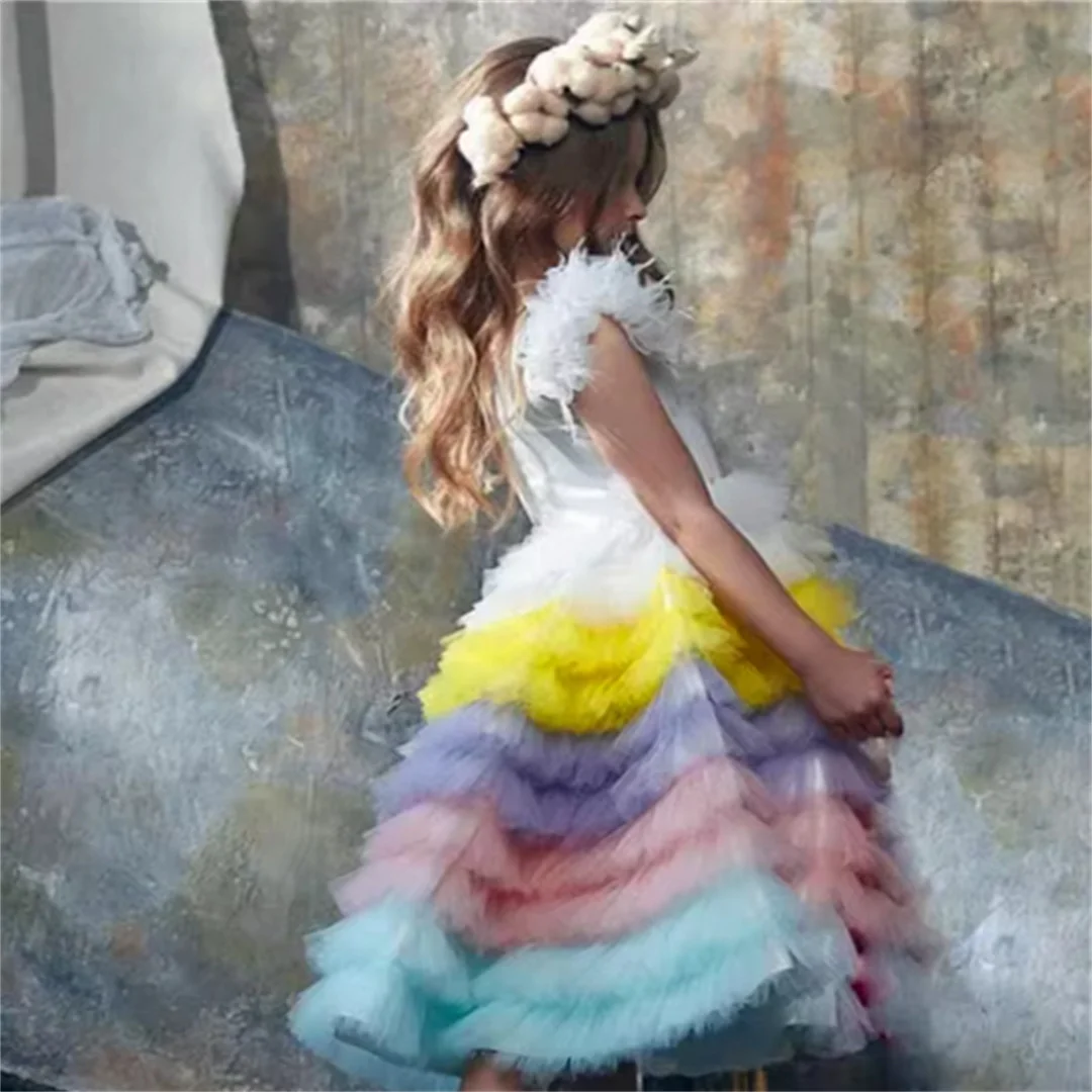 Short-sleeved Tulle Lace Layered Flower Girl Dress Princess Ball First Communion Dresses Kids Surprise Birthday Present