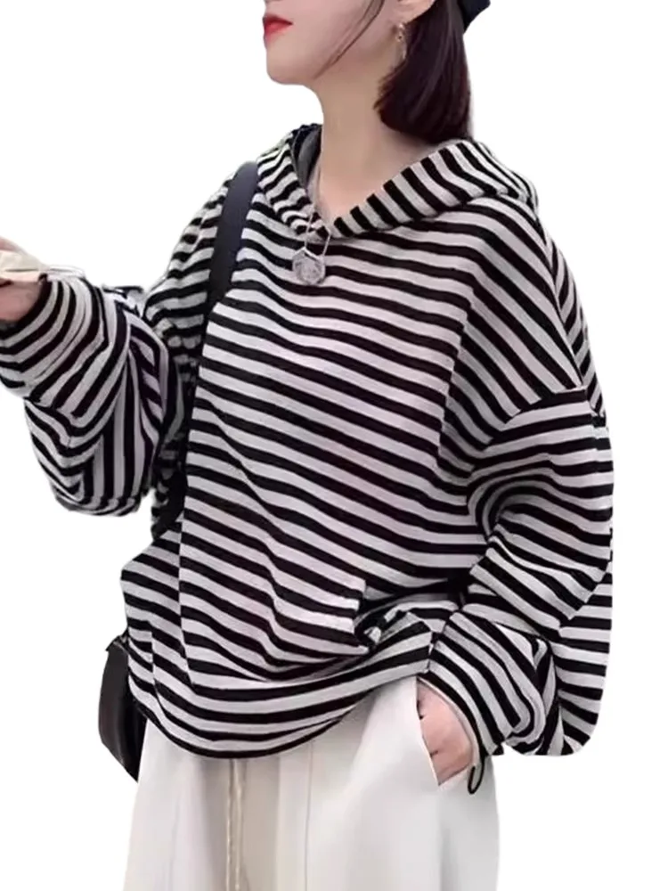 Felpa con Cappuccio da Donna Primavera Autunno Nuova Versione Coreana Manica Lunga Casual con Righe Colorate
