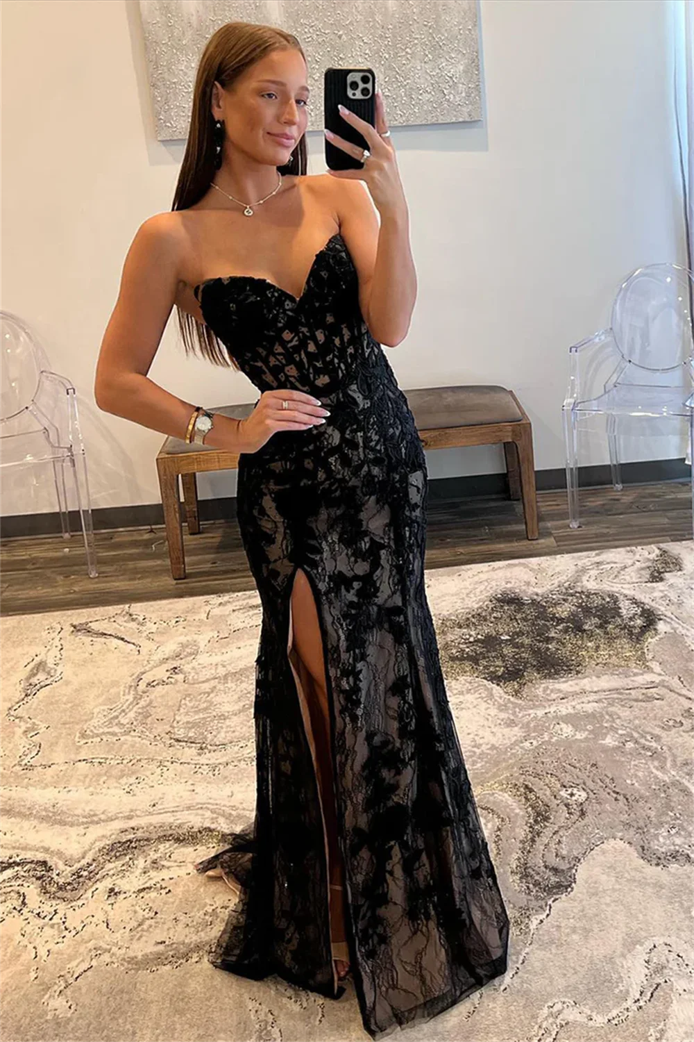 Jessica-Robe de Mariée Noire Élégante en Dentelle Brodée, Tenue de Bal, à Épaules Dénudées, pour Occasions Formelles, sur Mesure