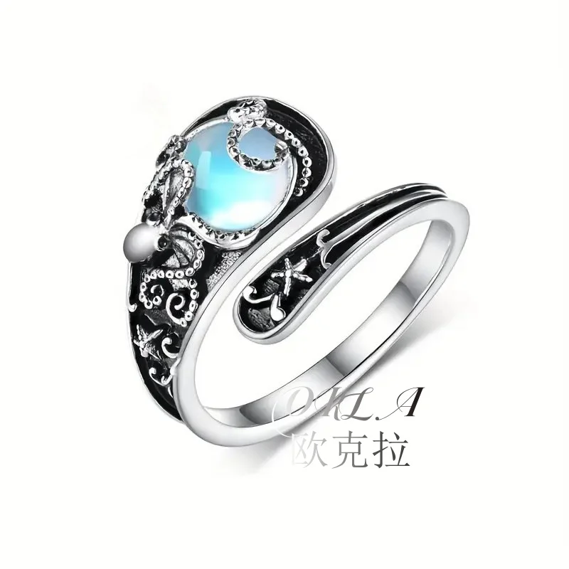 

New Minimalist Hawaiian Octopus Moonstone Ring With Retro Thai Silver Print And Adjustable Opening For Women