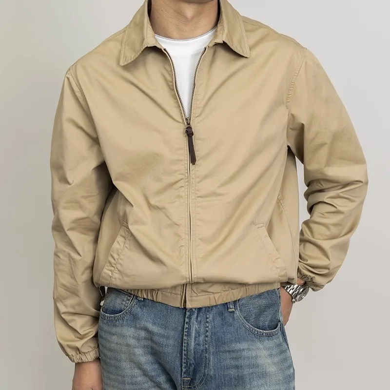 Frühling und Herbst Neue Klassische Khaki Retro Old-Cadre Revers-Reißverschluss Dünne Jacke Gewaschener Mantel für Herren