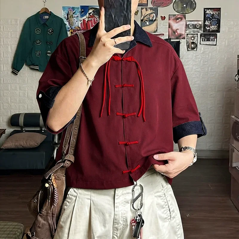 INCERUN Mens Shirt Vintage Patchwork Color-block Button Tops Lapel Half Sleeve Men Clothes Summer 2026 Retro Casual Male Shirts
