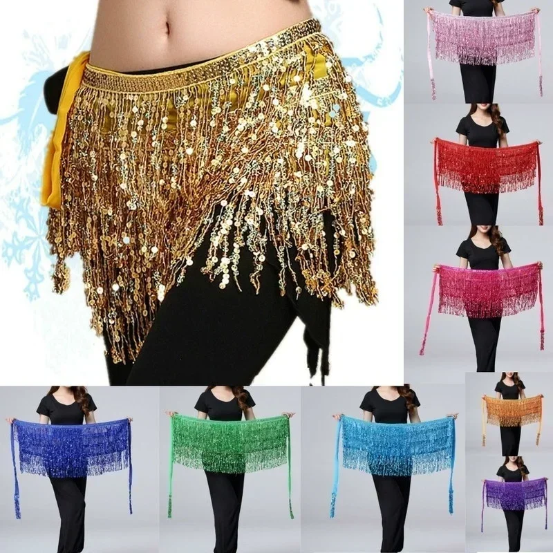 Belly Dance Waist Chain New Glitter Layer Tassel Waist Cover Indian Dance Performance Practice Strap Hip Scarf Skirt Waist Scarf