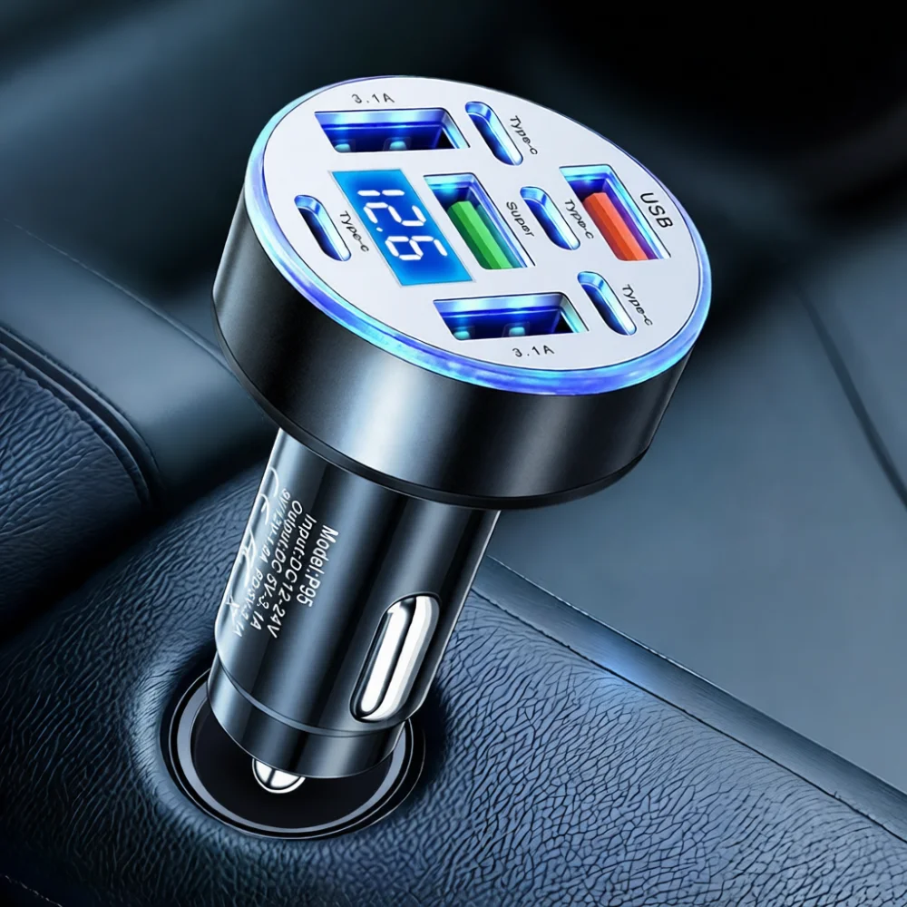 40W Rapid Charging Car Adapter 8 Port USB Type C Station Digital Voltage Monitor For Mobile Phone Tablet Vehicle Accessory