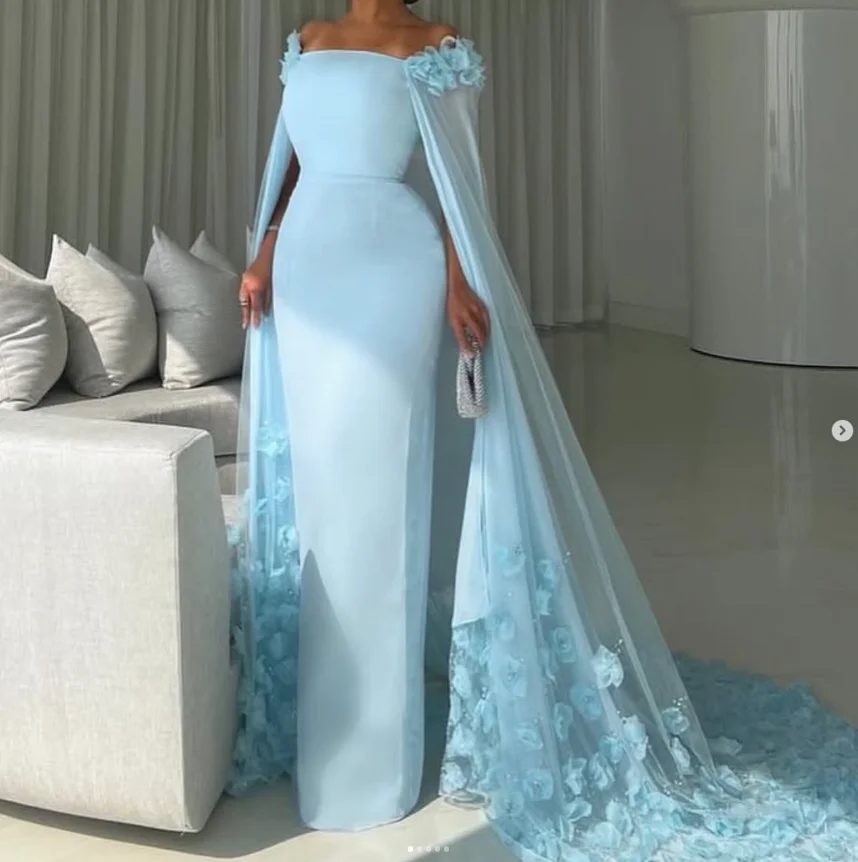 فساتين سهرة رسمية بحورية البحر باللون الأزرق السماوي مع كيب إسلامي عربي ثلاثي الأبعاد مخصصة بدون أكتاف فستان حفلات
