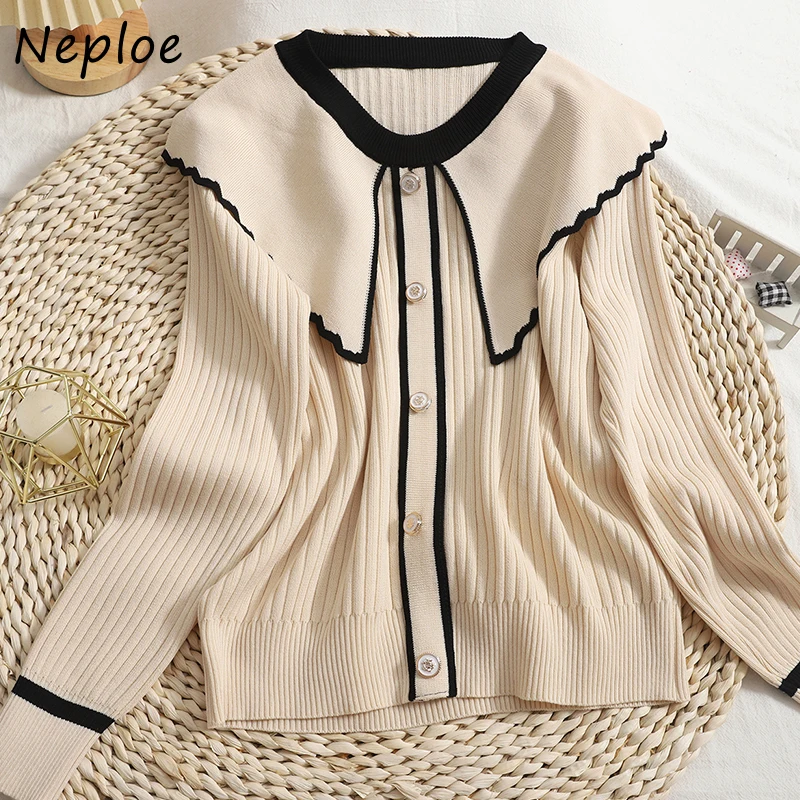 Neploe Chic Contrast Color Peter Pan Collar Sweaters Women Slim Knit Pullover Tops Mujer 2024 New Long Sleeve Bottoming Shirts