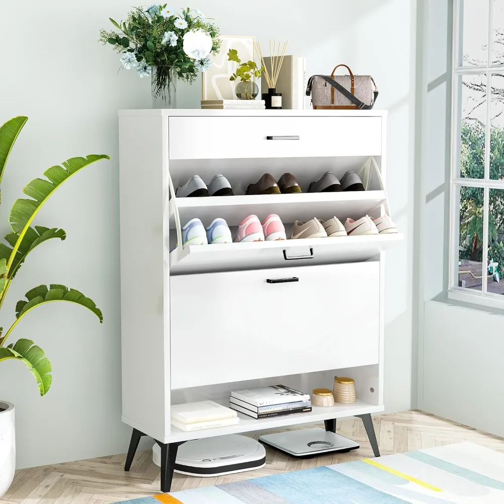 

Shoe Storage Cabinet for Entryway, Free Standing Shoe Organizer with 2 Flip Drawers，Hidden Shoe Rack Storage Organizer