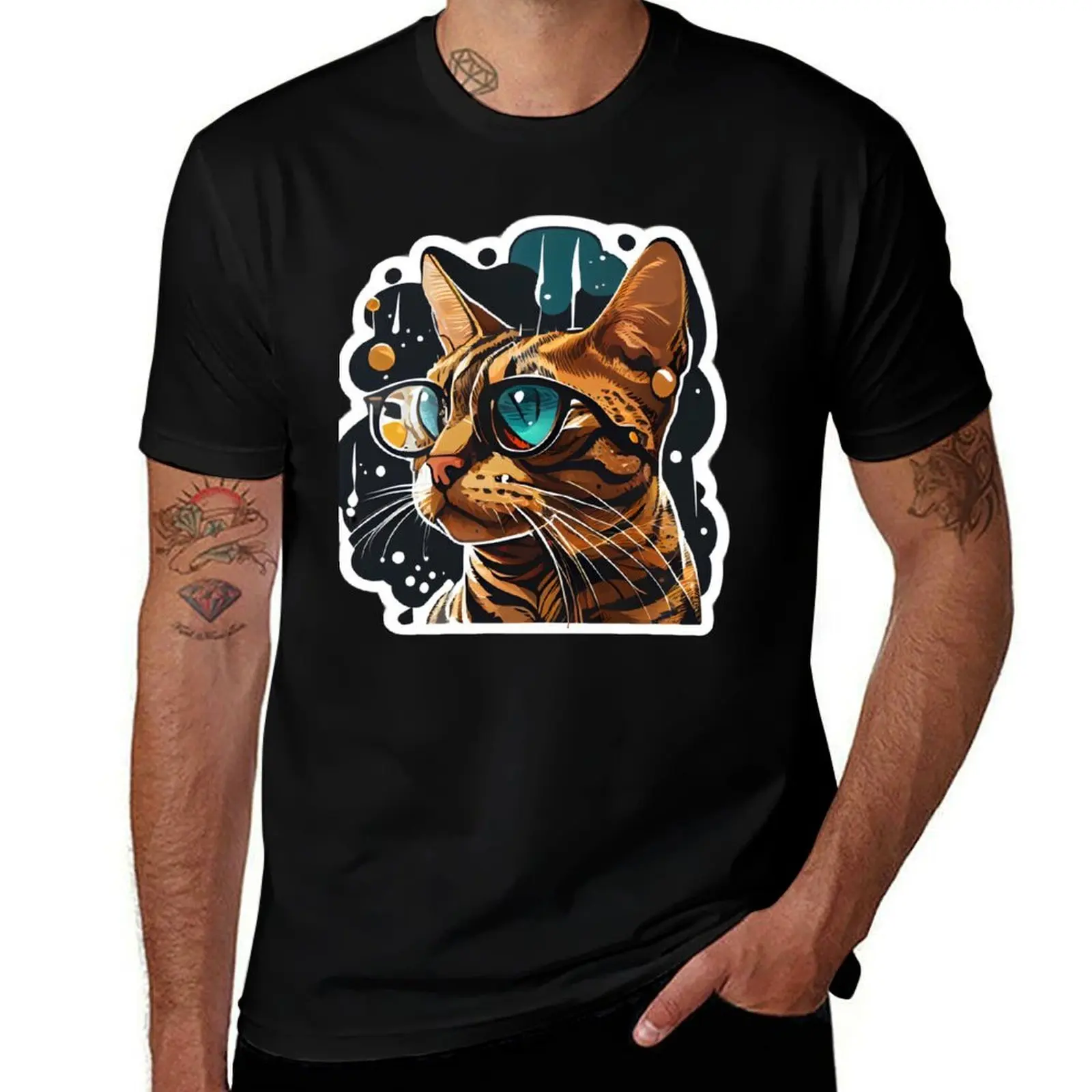 

Bengal cat artwork with glasses T-Shirt funny meme t-shirts cotton graphic tees summer clothes man t shirt mens workout shirts