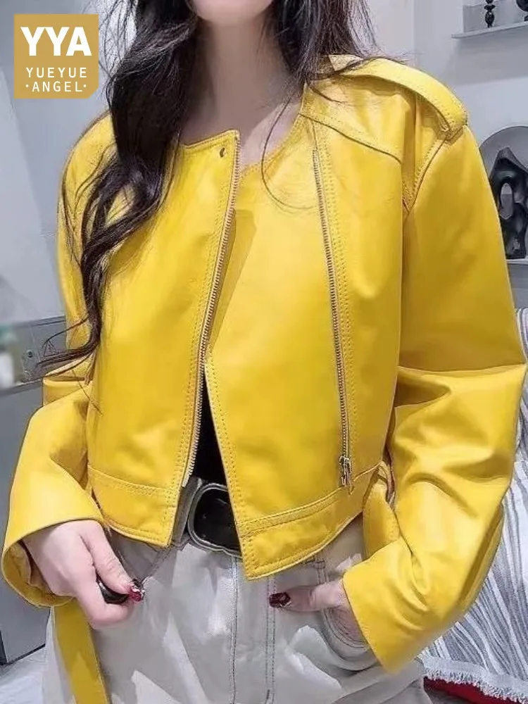 Office Ladies Solid Color Round Neck Genuine Leather Jacket Loose Long Sleeve Sheepskin Zipper Sashes Top Quality Outerwear